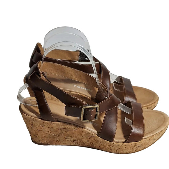 Tsubo Olivette BrownTan Leather Strappy Cork Wedge Platforms - Picture 2 of 14